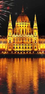 Fireworks over Budapest's Parliament reflecting on the river at night.