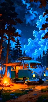 Vintage van camping in forest under starry night sky with campfire glow.