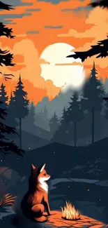 Fox sitting by a campfire in a forest with orange and black hues.