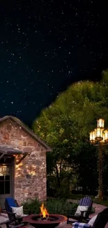 Serene garden wallpaper with a starry night and firepit.