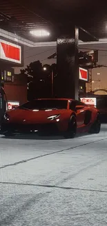 Red sports car at a nighttime gas station surrounded by urban lights.