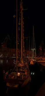 Night harbor scene with sailboat and lights reflecting on water.