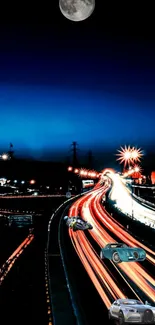 Vibrant night highway with car lights under moonlit sky.