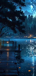 A serene night view of a lake with trees and a wooden dock.