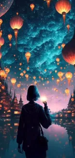 A mystic scene of glowing lanterns in a fantasy night sky.