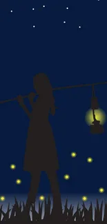 Silhouette of girl with lantern under a starry night sky, creating a calm ambience.