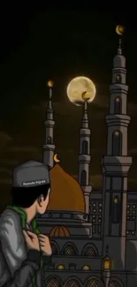 Illustration of a mosque at night with a full moon and a lone figure.