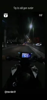 Night motorcycle ride view with street lights.