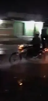 Dynamic nighttime motorcycle ride in urban setting.