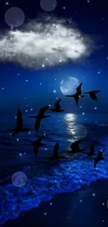 Night ocean wallpaper with flying birds and moonlit blue waves.