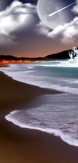 Mystical night ocean with jumping dolphin under moonlight.