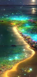 Night ocean scene with glowing shoreline under a moonlit sky.