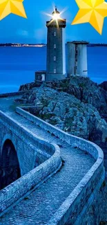 Night view of lighthouse with stars in serene blue tones.