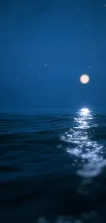 Night ocean with moonlight reflecting on water under starry sky.