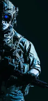 Silhouetted soldier in tactical gear with blue lighting.