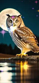 Owl perched by a moonlit lake under a starry night sky.