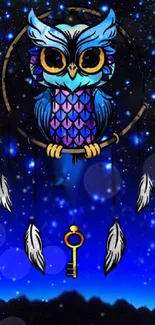 Vibrant owl perched on dreamcatcher against starry blue night sky.