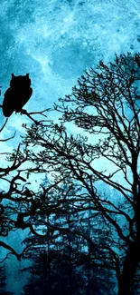 Owl silhouette on a branch with a blue moonlit background.