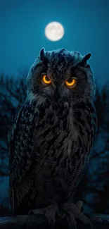 Majestic owl with glowing eyes under a full moon night sky.