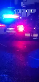 Mobile wallpaper of a police car with glowing blue and red lights at night.