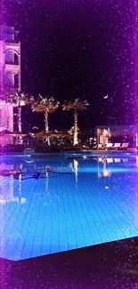 Serene night view of a glowing blue poolside.