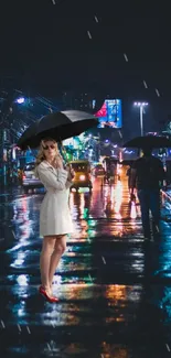 Woman in white dress with umbrella on rainy night street.