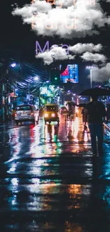 Urban night street scene with reflections on wet pavement and colorful lights.