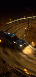 Blue rally car drifting at night on a curved track.