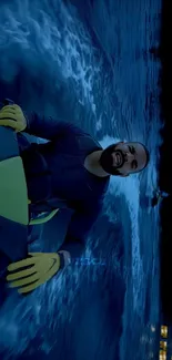 Man on a jet ski at night, vibrant blue water and city lights.