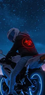 Futuristic motorcycle under a starry night sky with neon lights.