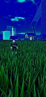 Character in lush green field under a starry night sky.