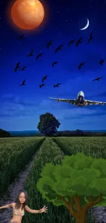 Night scene with airplane, moon, and birds over a field.