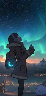 Animated figure under starry aurora sky.