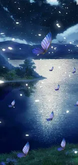 Night sky with glowing butterflies over a serene lake.