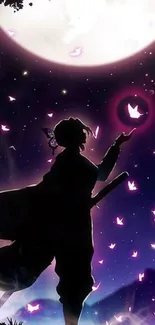 Anime silhouette under a purple night sky with moon and butterflies.