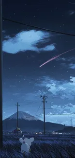 Anime night sky with shooting star and landscape.