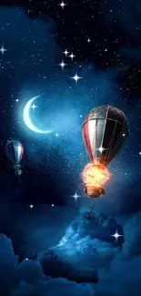 Hot air balloons under a starry night sky with crescent moon and clouds.