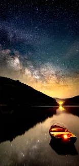 Boat under starry night sky with galaxy reflection on water.