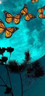 Butterflies illuminated by blue moon in night sky.