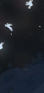 Cartoon night sky with floating ghosts and stars.