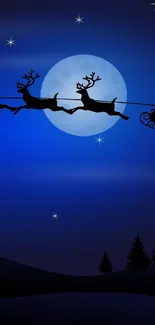 Santa's sleigh and reindeer against a full moon in a starry night sky wallpaper.