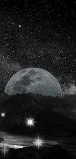 Cosmic night sky with moon and mountain landscape.