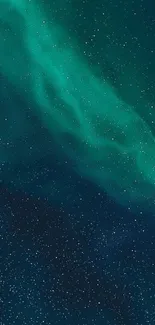 Mobile wallpaper featuring a cosmic night sky with a green aurora and stars.