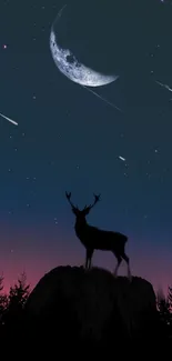 Deer silhouette with crescent moon and stars in night sky.