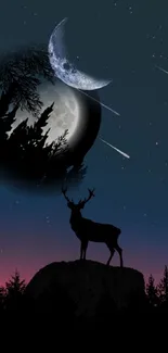 Deer silhouette under a starry sky with crescent moon and shooting stars.