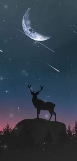 Silhouetted deer under a starry night with a crescent moon and shooting stars.