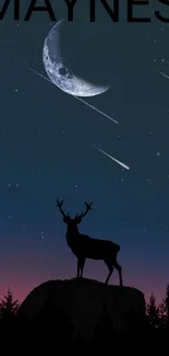 Night sky wallpaper with deer silhouette and crescent moon.