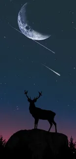 Deer silhouette under a starry night with a crescent moon and shooting stars.