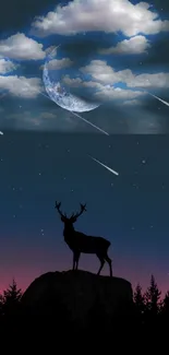 Deer silhouette with night sky and stars on mobile wallpaper.