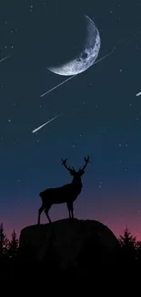 Majestic deer silhouette under a crescent moon with shooting stars.